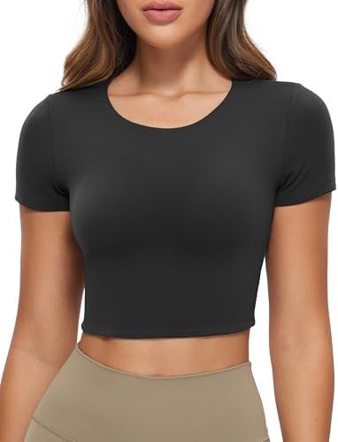 Womens Double Lined Short Sleeve Crop Tops Crew Neck Casual Workout T-Shirt Cute Basic Tee