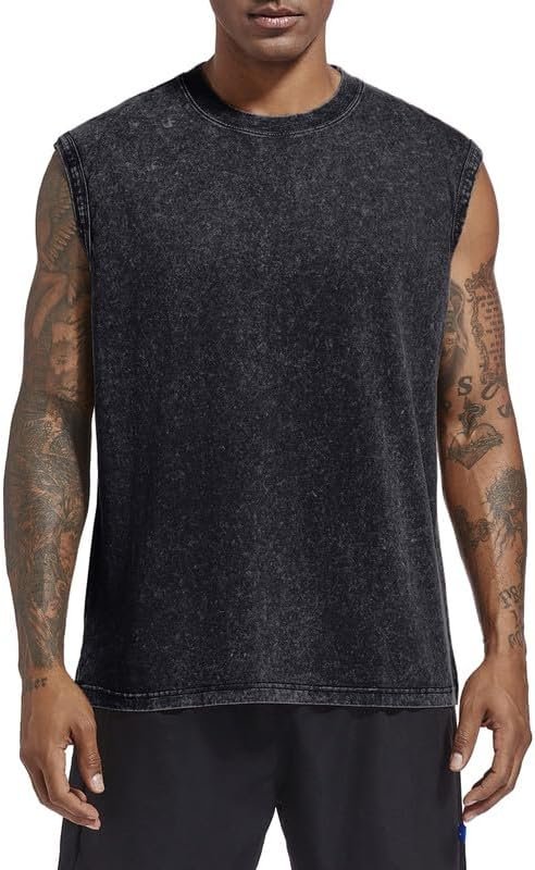 Mens Cotton Workout Gym Tank Top Sleeveless Cut Off Muscle Shirts Acid Wash Tshirts Running Beach Loose Fit Tees