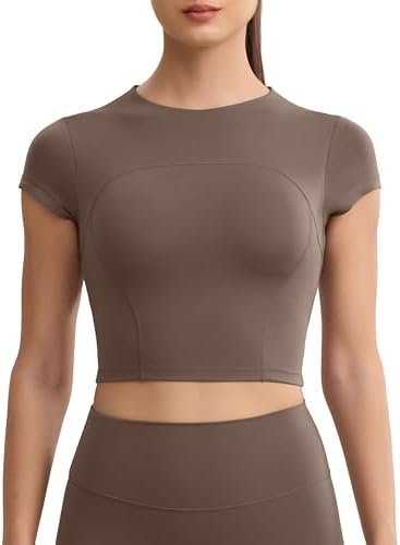 Workout Crop Tops for Women Yoga Short Sleeve Mild Support Slim Fit Cropped Athletic Shirts Gym Tee Built in Bra