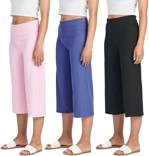 3 Pack: Women's Ribbed Foldover Wide Leg Loose Capri Open Bottom Yoga Lounge Pants (Available in Plus)