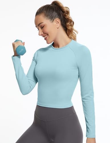 Womens Long Sleeve Crop Workout Tops Yoga Cropped Top Gym Shirts Athletic Clothes Slim Fit