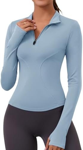 Womens Long Sleeve Workout Tops Quick Dry Quarter Zip Pullover Crop Yoga Athletic Slim Fit Shirts