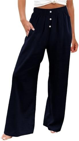 Linen Pants Women Flowy Wide Leg Loose Casual with Button Elastic Waist Pants