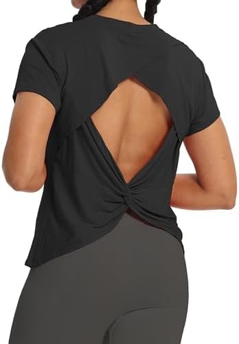 Open Back Workout Athletic Shirts Short Sleeve Split Back Yoga Exercise Tops for Women