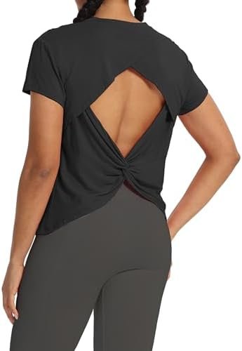 Open Back Workout Athletic Shirts Short Sleeve Split Back Yoga Exercise Tops for Women